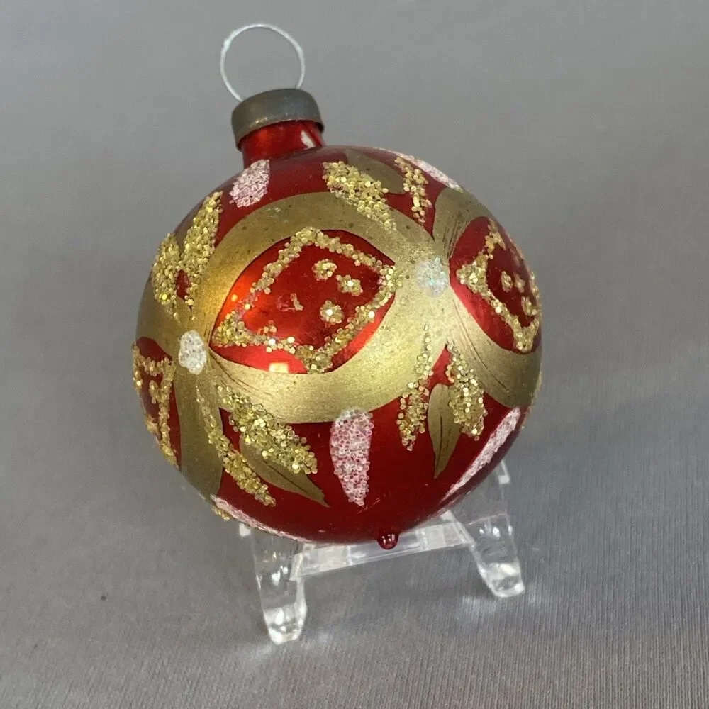 Vintage Christmas Red Gold Glass Ball Ornaments Hand Painted Glitter Holiday
